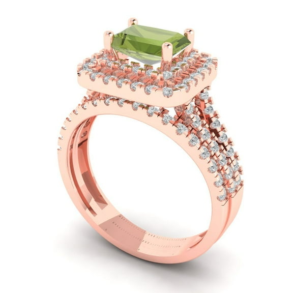 3.05ct Brilliant Emerald Cut Natural Peridot 14K Rose Gold Halo Solitaire with Accents Engagement Bridal Wedding Ring Band Set size 6.25