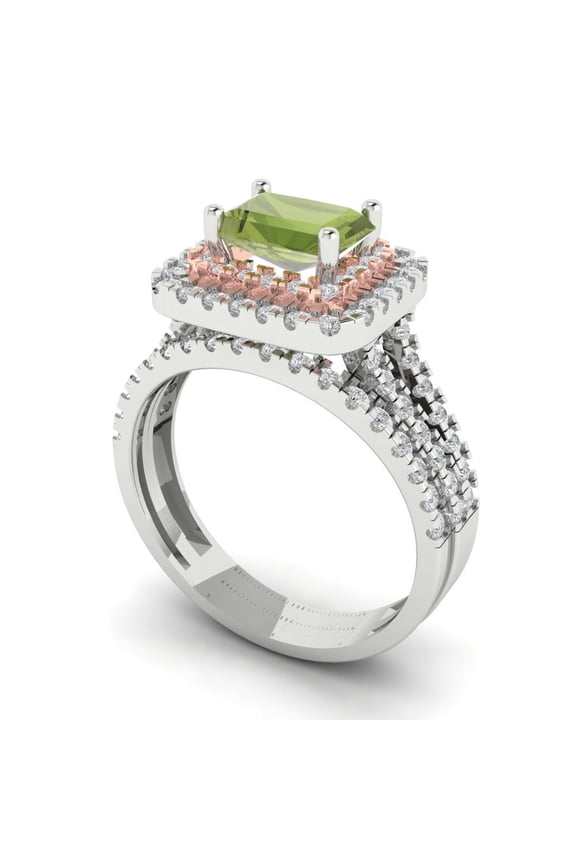 3.05ct Brilliant Emerald Cut Natural Peridot 18K White/Rose Gold Halo Solitaire with Accents Engagement Bridal Wedding Ring Band Set size 3.5