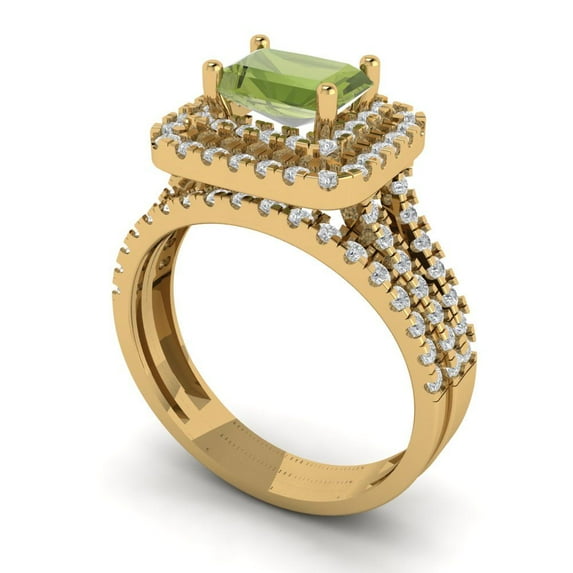 3.05ct Brilliant Emerald Cut Natural Peridot 18K Yellow Gold Halo Solitaire with Accents Engagement Bridal Wedding Ring Band Set size 10