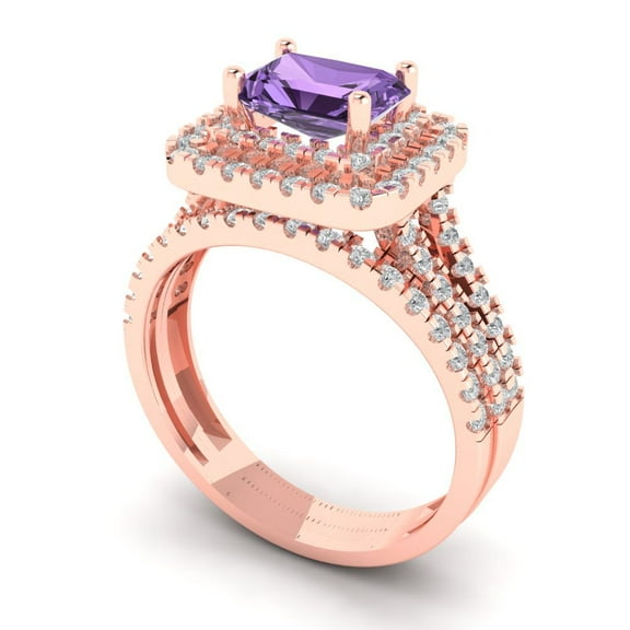 3.05ct Brilliant Emerald Cut Alexandrite 14K Rose Gold Halo Solitaire with Accents Engagement Bridal Wedding Ring Band Set size 6.25