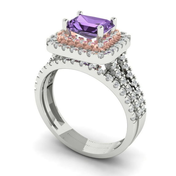 3.05ct Brilliant Emerald Cut Alexandrite 14k White/Rose Gold Halo Solitaire with Accents Engagement Bridal Wedding Ring Band Set size 9.5