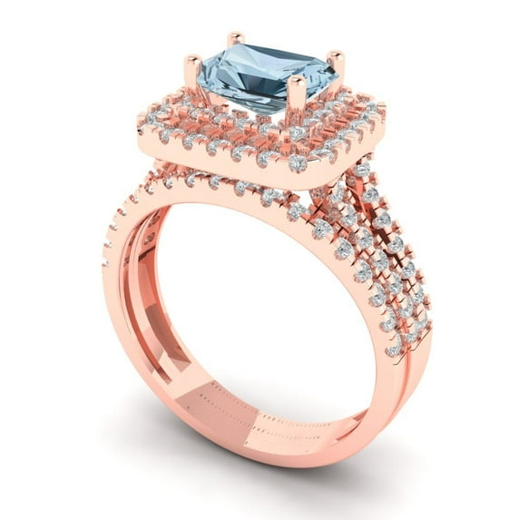 3.05ct Brilliant Emerald Cut Blue Zircon 18K Rose Gold Halo Solitaire with Accents Engagement Bridal Wedding Ring Band Set size 9.5