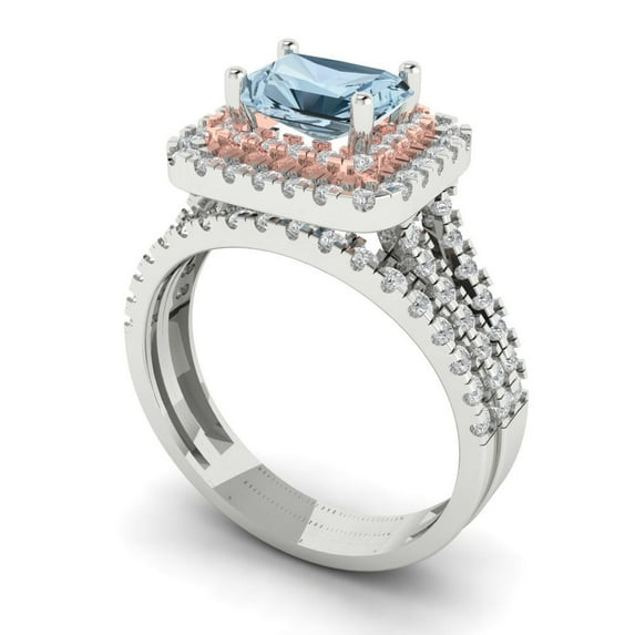 3.05ct Brilliant Emerald Cut Blue Zircon 18K White/Rose Gold Halo Solitaire with Accents Engagement Bridal Wedding Ring Band Set size 11