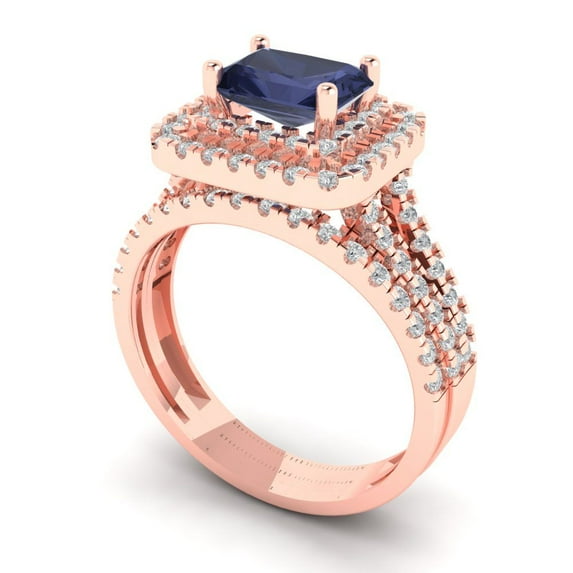 3.05ct Brilliant Emerald Cut Blue Sapphire 14K Rose Gold Halo Solitaire with Accents Engagement Bridal Wedding Ring Band Set size 4.25