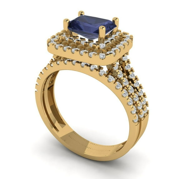 3.05ct Brilliant Emerald Cut Blue Sapphire 14K Yellow Gold Halo Solitaire with Accents Engagement Bridal Wedding Ring Band Set size 4.5