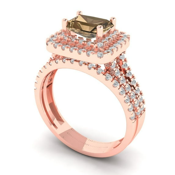 3.05ct Brilliant Emerald Cut Champagne 14K Rose Gold Halo Solitaire with Accents Engagement Bridal Wedding Ring Band Set size 8.75