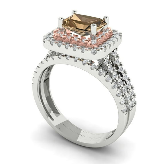 3.05ct Brilliant Emerald Cut Champagne 14k White/Rose Gold Halo Solitaire with Accents Engagement Bridal Wedding Ring Band Set size 5