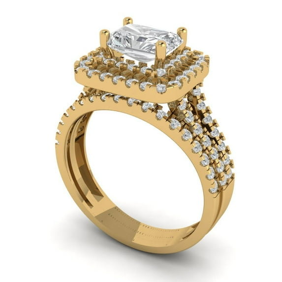 3.05ct Brilliant Emerald Cut Zircon 18K Yellow Gold Halo Solitaire with Accents Engagement Bridal Wedding Ring Band Set size 9