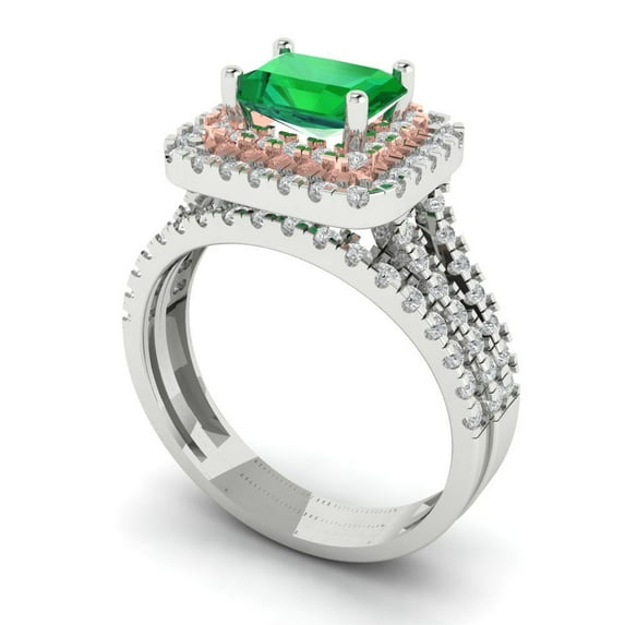 3.05ct Brilliant Emerald Cut Emerald 18K White/Rose Gold Halo Solitaire with Accents Engagement Bridal Wedding Ring Band Set size 6.5