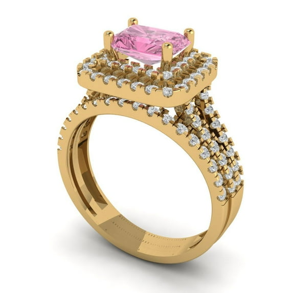3.05ct Brilliant Emerald Cut Pink Zircon 14K Yellow Gold Halo Solitaire with Accents Engagement Bridal Wedding Ring Band Set size 6.25