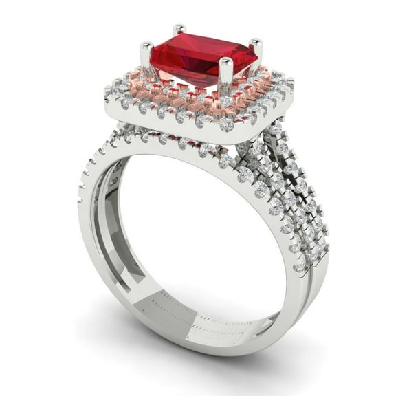 3.05ct Brilliant Emerald Cut Pink Tourmaline 18K White/Rose Gold Halo Solitaire with Accents Engagement Bridal Wedding Ring Band Set size 3.5