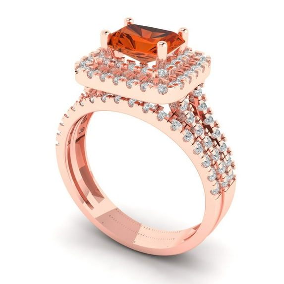 3.05ct Brilliant Emerald Cut Red Zircon 14K Rose Gold Halo Solitaire with Accents Engagement Bridal Wedding Ring Band Set size 8.5