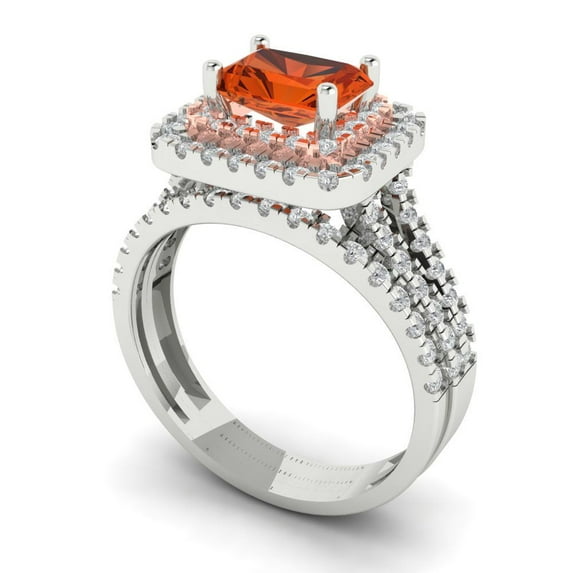 3.05ct Brilliant Emerald Cut Red Zircon 14k White/Rose Gold Halo Solitaire with Accents Engagement Bridal Wedding Ring Band Set size 10.25