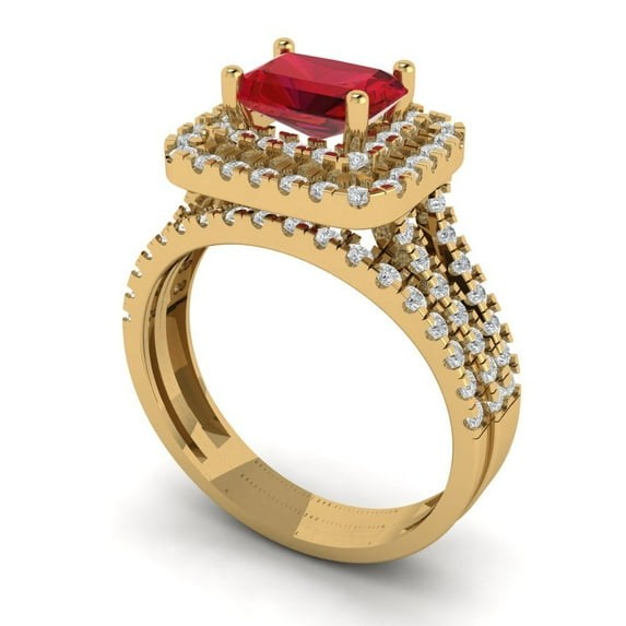 3.05ct Brilliant Emerald Cut Ruby 14K Yellow Gold Halo Solitaire with Accents Engagement Bridal Wedding Ring Band Set size 9