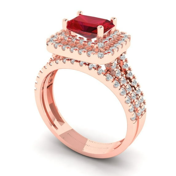 3.05ct Brilliant Emerald Cut Ruby 18K Rose Gold Halo Solitaire with Accents Engagement Bridal Wedding Ring Band Set size 6.5