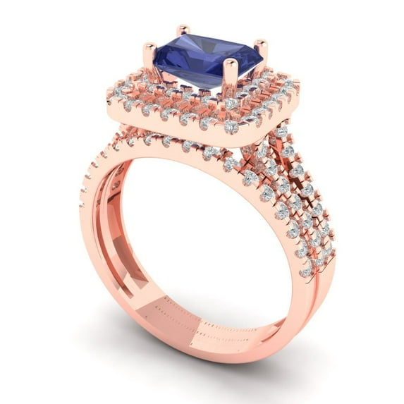 3.05ct Brilliant Emerald Cut Tanzanite 14K Rose Gold Halo Solitaire with Accents Engagement Bridal Wedding Ring Band Set size 7