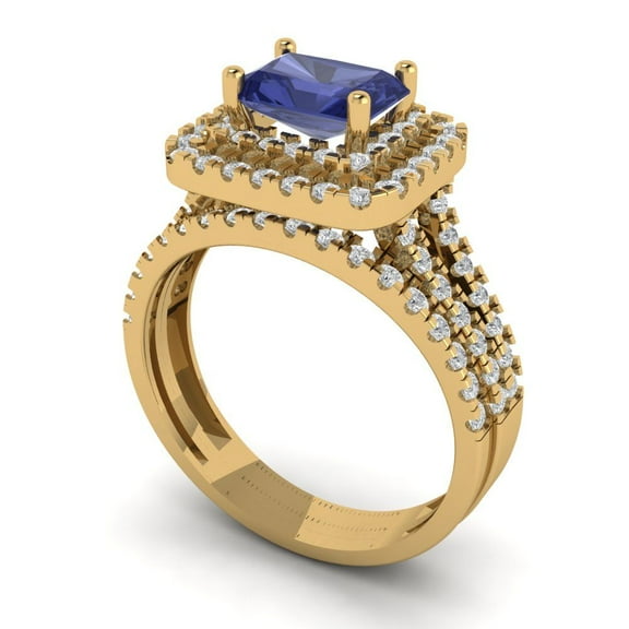 3.05ct Brilliant Emerald Cut Tanzanite 18K Yellow Gold Halo Solitaire with Accents Engagement Bridal Wedding Ring Band Set size 11