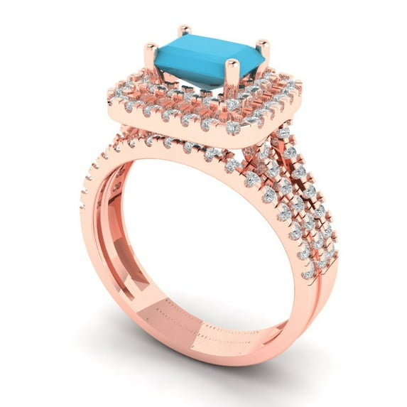 3.05ct Brilliant Emerald Cut Turquoise 14K Rose Gold Halo Solitaire with Accents Engagement Bridal Wedding Ring Band Set size 6.25