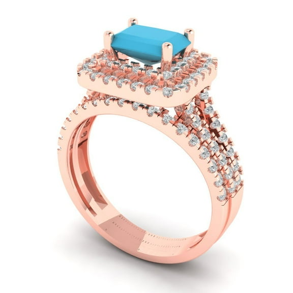 3.05ct Brilliant Emerald Cut Turquoise 14K Rose Gold Halo Solitaire with Accents Engagement Bridal Wedding Ring Band Set size 6.25