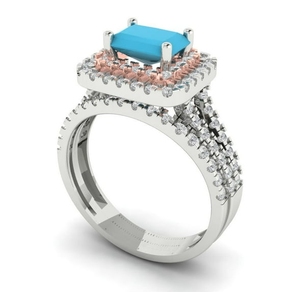 3.05ct Brilliant Emerald Cut Turquoise 18K White/Rose Gold Halo Solitaire with Accents Engagement Bridal Wedding Ring Band Set size 10.75