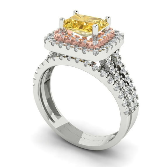 3.05ct Brilliant Emerald Cut Yellow Zircon 14k White/Rose Gold Halo Solitaire with Accents Engagement Bridal Wedding Ring Band Set size 7.25