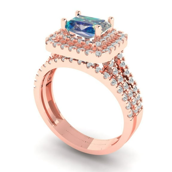 3.05ct Brilliant Emerald Cut Blue Moissanite 18K Rose Gold Halo Solitaire with Accents Engagement Bridal Wedding Ring Band Set size 11