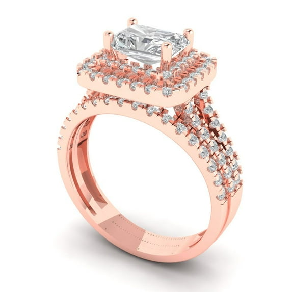 3.05ct Brilliant Emerald Cut White Sapphire 14K Rose Gold Halo Solitaire with Accents Engagement Bridal Wedding Ring Band Set size 11