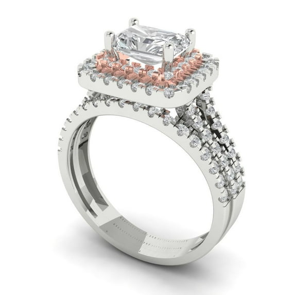3.05ct Brilliant Emerald Cut White Sapphire 14k White/Rose Gold Halo Solitaire with Accents Engagement Bridal Wedding Ring Band Set size 6.5
