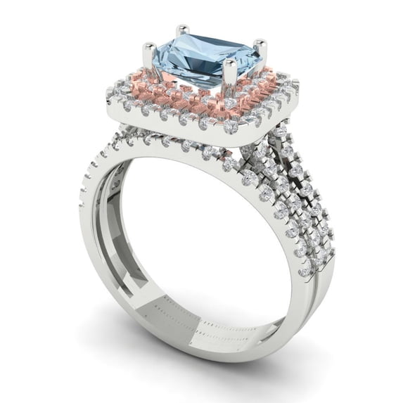 3.05ct emerald cut blue Zircon 14k white rose gold halo solitaire with accents wedding Engagement Bridal Wedding Ring Band Set ring band set size 9.75