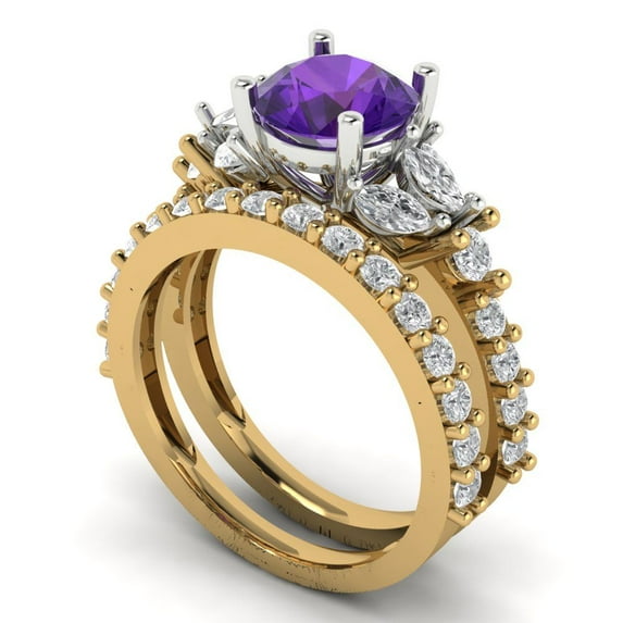 Clara Pucci 14K Yellow/White Gold Round Cut 1.5Ct Natural Amethyst Engagement Ring + Matching Band - Luxury Box Included