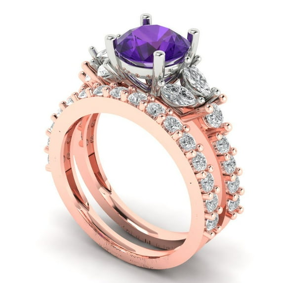 3.06 ct Brilliant Round Cut Natural Amethyst 18K Rose/White Gold Solitaire with Accents Engagement Bridal Wedding Ring Band Set size 9