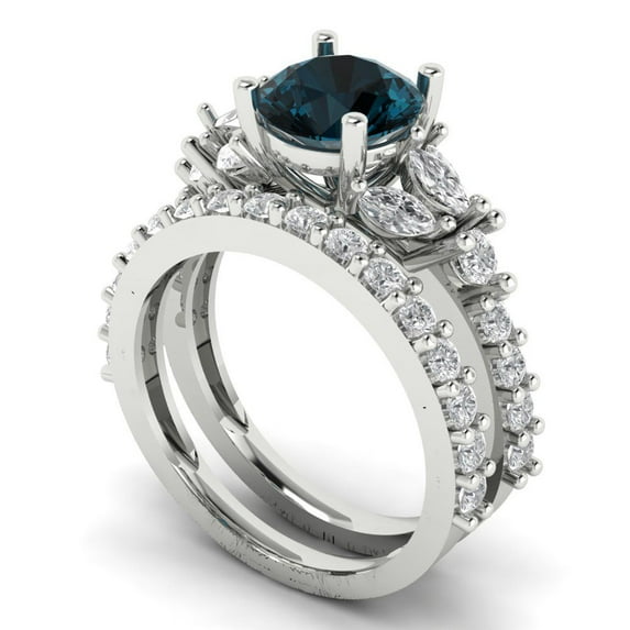 3.06 ct Brilliant Round Cut Natural London Blue Topaz 14k White Gold Solitaire with Accents Engagement Bridal Wedding Ring Band Set size 5.25