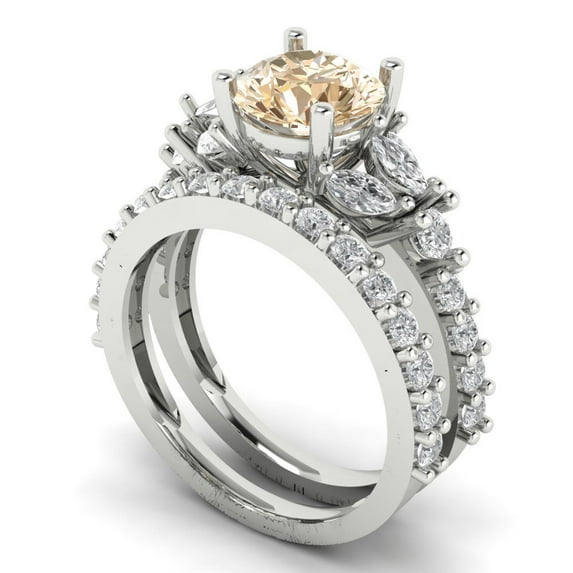 3.06 ct Brilliant Round Cut Natural Morganite 18K White Gold Solitaire with Accents Engagement Bridal Wedding Ring Band Set size 8