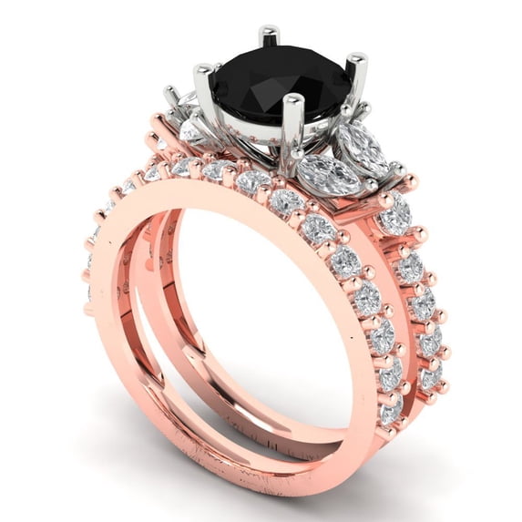 3.06 ct Brilliant Round Cut Natural Onyx 14k Rose/White Gold Solitaire with Accents Engagement Bridal Wedding Ring Band Set size 4
