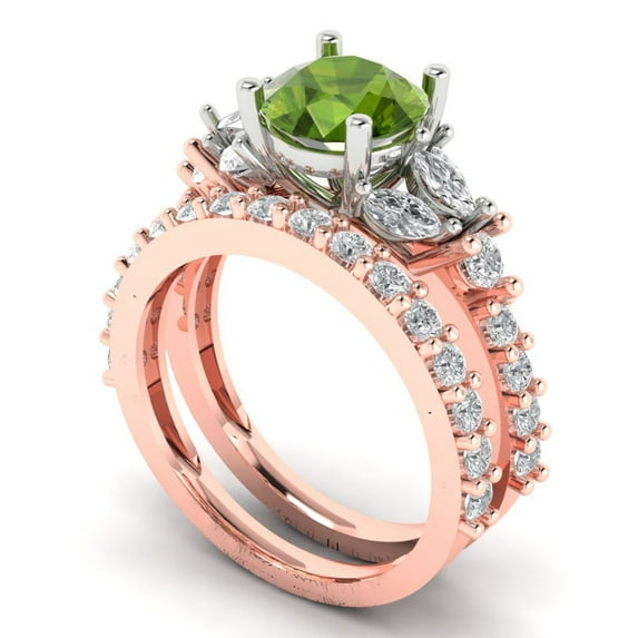 3.06 ct Brilliant Round Cut Natural Peridot 18K Rose/White Gold Solitaire with Accents Engagement Bridal Wedding Ring Band Set size 10