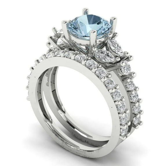 3.06 ct Brilliant Round Cut Natural Sky Blue Topaz 14k White Gold Solitaire with Accents Engagement Bridal Wedding Ring Band Set size 4.75