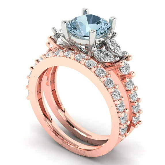 3.06 ct Brilliant Round Cut Natural Swiss Blue Topaz 18K Rose/White Gold Solitaire with Accents Engagement Bridal Wedding Ring Band Set size 6