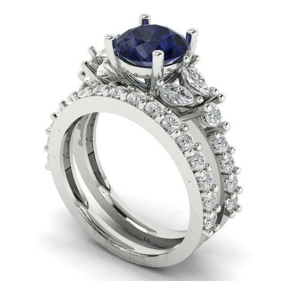3.06 ct Brilliant Round Cut Blue Sapphire 14k White Gold Solitaire with Accents Engagement Bridal Wedding Ring Band Set size 8.5