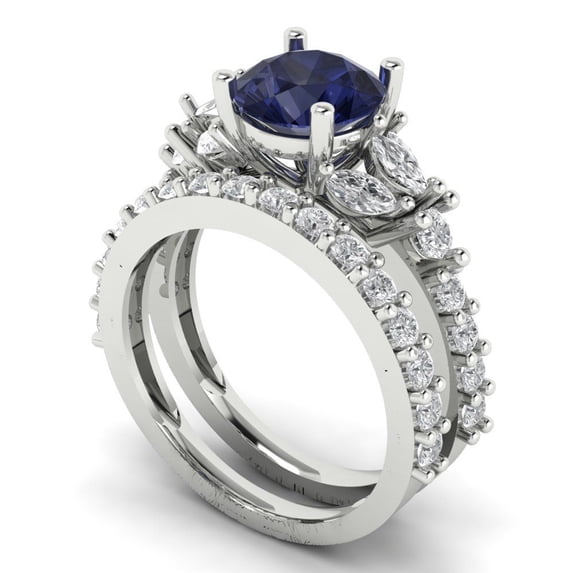 3.06 ct Brilliant Round Cut Blue Sapphire 14k White Gold Solitaire with Accents Engagement Bridal Wedding Ring Band Set size 9