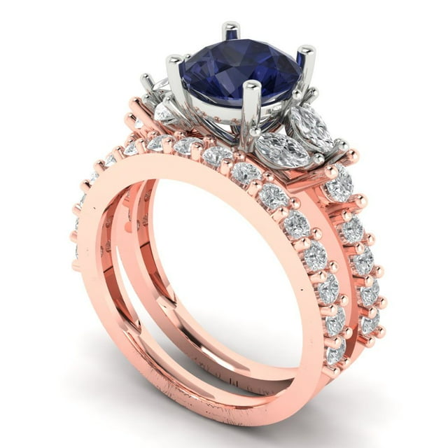 3.06 ct Brilliant Round Cut Blue Sapphire 18K Rose/White Gold Solitaire with Accents Engagement Bridal Wedding Ring Band Set size 3.5