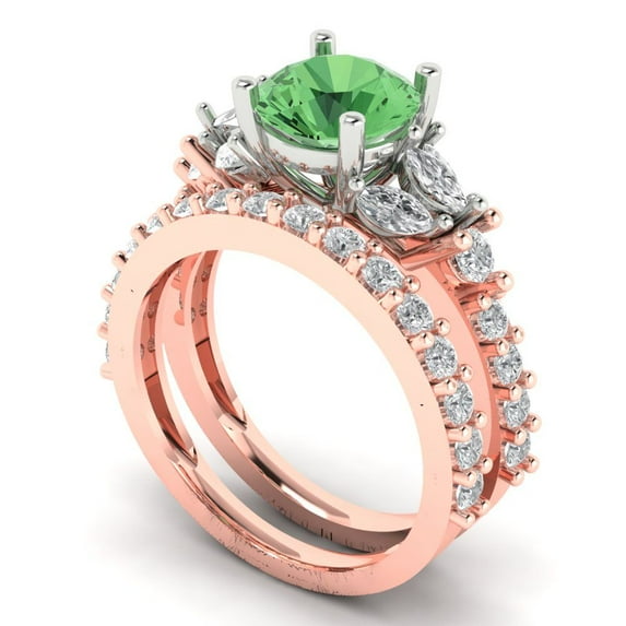 3.06 ct Brilliant Round Cut Green Zircon 14k Rose/White Gold Solitaire with Accents Engagement Bridal Wedding Ring Band Set size 7.25