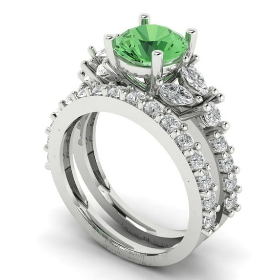 3.06 ct Brilliant Round Cut Green Zircon 14k White Gold Solitaire with Accents Engagement Bridal Wedding Ring Band Set size 7.25
