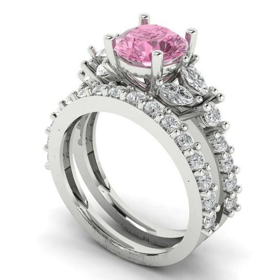 3.06 ct Brilliant Round Cut Pink Zircon 18K White Gold Solitaire with Accents Engagement Bridal Wedding Ring Band Set size 9.5