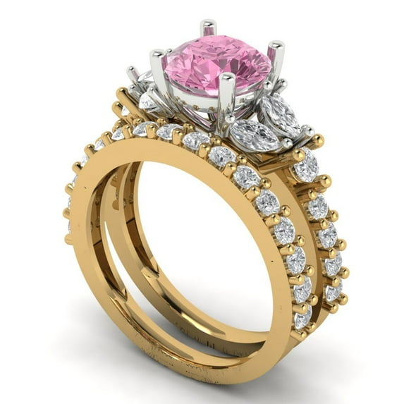 3.06 ct Brilliant Round Cut Pink Zircon 18K Yellow/White Gold Solitaire with Accents Engagement Bridal Wedding Ring Band Set size 5.25