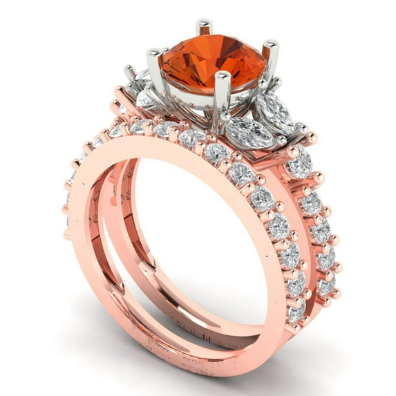 3.06 ct Brilliant Round Cut Red Zircon 18K Rose/White Gold Solitaire with Accents Engagement Bridal Wedding Ring Band Set size 7.5