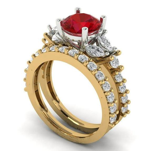 3.06 ct Brilliant Round Cut Ruby 14k Yellow/White Gold Solitaire with Accents Engagement Bridal Wedding Ring Band Set size 9.25