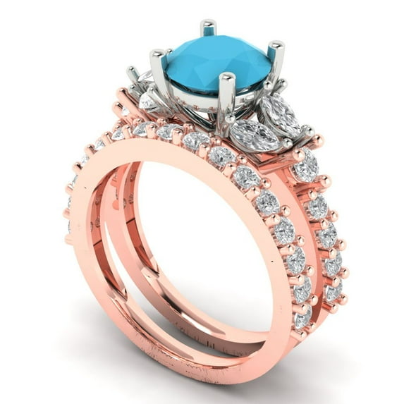 3.06 ct Brilliant Round Cut Turquoise 14k Rose/White Gold Solitaire with Accents Engagement Bridal Wedding Ring Band Set size 5.25