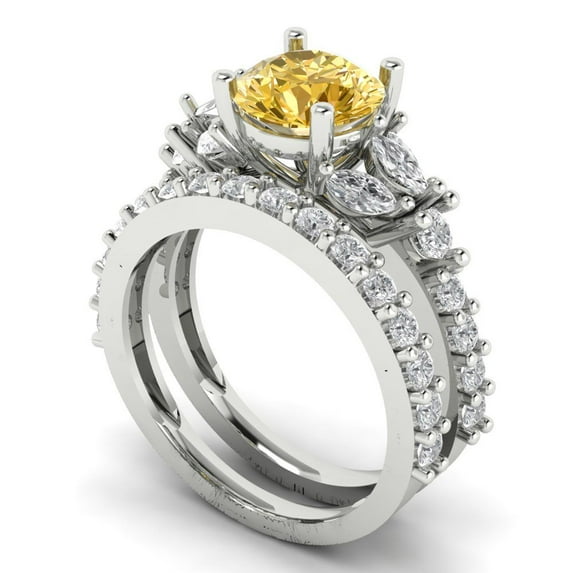 3.06 ct Brilliant Round Cut Yellow Zircon 14k White Gold Solitaire with Accents Engagement Bridal Wedding Ring Band Set size 4.75