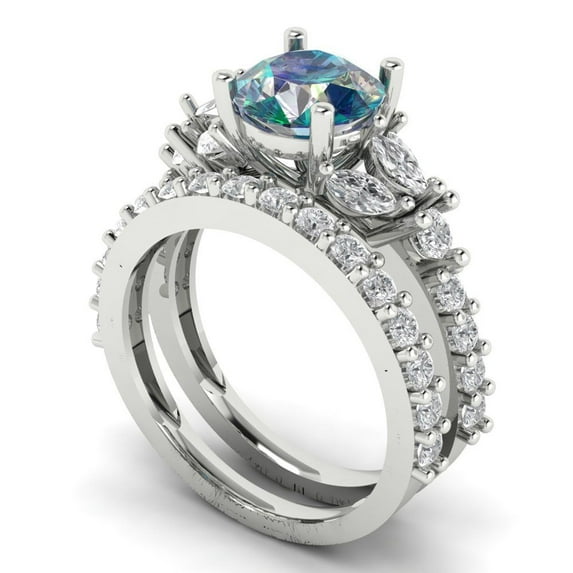 3.06 ct Brilliant Round Cut Blue Moissanite 14k White Gold Solitaire with Accents Engagement Bridal Wedding Ring Band Set size 7