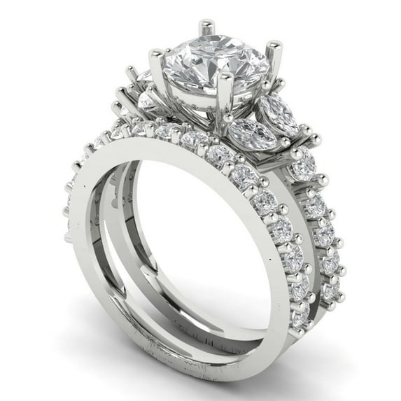 3.06 ct Brilliant Round Cut White Sapphire 14k White Gold Solitaire with Accents Engagement Bridal Wedding Ring Band Set size 8